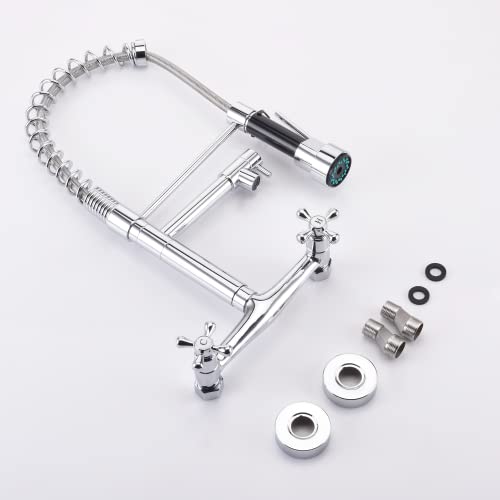 Flwueue Wall Mount Faucet 8 Inches Center, With Pull Down Sprayer, Dual Spray Mode And Dual Handle, High Arc Single Handle Spring Kitchen Sink Faucet, Grifos De Cocina, Chrome #TOP5