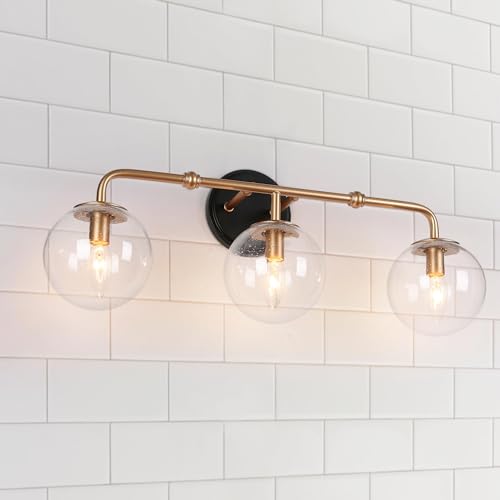 Image of KSANA Black and Gold Bathroom Light Fixtures, 3-Light Globe Vanity Lights for Bathroom with Seeded Glass Lampshade, Modern Bathroom Vanity Lighting Light Fixtures Over Mirror