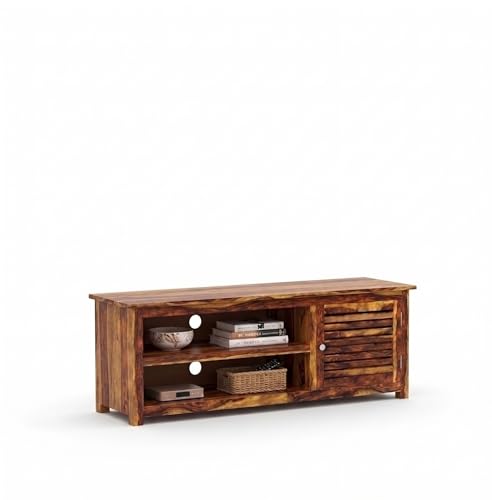 Image of Sheesham Wood Entertainment TV Unit Cabinet with 1 Door and 2 Shelf Storage for Home Living Room Multipurpose Furniture for Hall Office Decor (Honey Teak Finish)
