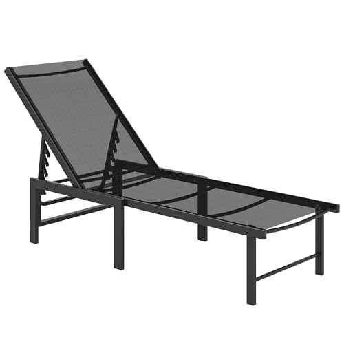 Outsunny Tumbona para jardín, tumbona reclinable ajustable de 5 niveles, tumbona de jardín plana con asiento texteline, marco de acero para patio, playa, color negro