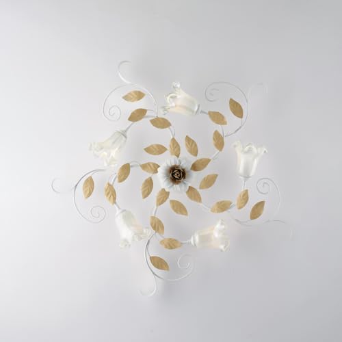 Plafonnier Shabby en fer forgé laqué blanc 5 feux Cesto d.80