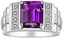 Rylos Mens Rings Sterling Silver Designer Style 10X8MM Emerald Cut Shape Gemstone & Genuine Diamonds Amethyst February Birthstone Rings For Men, Men's Rings, Silver Rings, Sizes 8,9,10,11,12,13