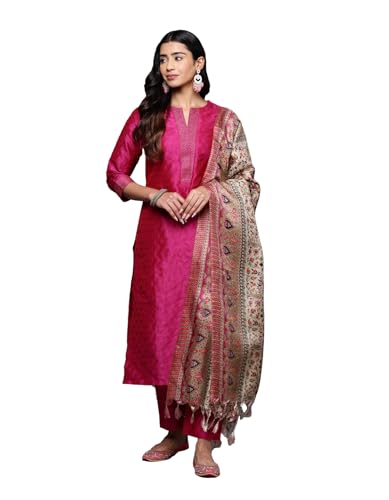 Image of Varanga Women Embroidered Straight Kurta Pant Set with Dupatta | Silk Blend Fabric | 3 /4 Sleeve Round Neck | Lightweight Comfortable Summer Wear