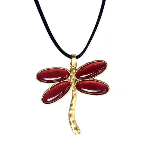 Colgante Libélula Mujer en Zamak Dorado y Resina Roja - Collar Marrón Largo Ajustable con Amuleto de Protección - Talismán de la Suerte Perfecto para Regalo (Rojo)