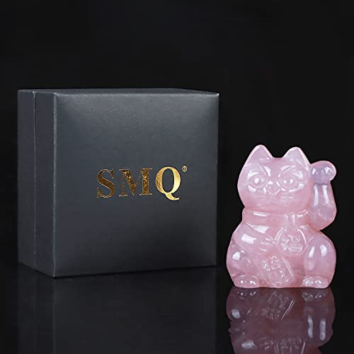 Smq 2.0" Rose Quartz Crystals Lucky Fortune Cat Statue Hand Carved Maneki Neko Gemstone Feng Shui Good Luck Collectible Figurine For Greater Fame And Successful Career(Gift Box) #TOP7