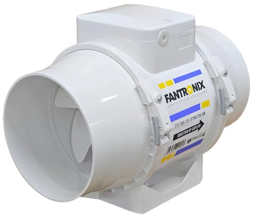 Fantronix FTX-TUBE-125-T Extractor Techo de Ducha Temporizador de 125 mm silencioso en línea para Inodoro con Ventilador, Potente ventilación, Control de Humedad, Blanco, 5" - 125mm