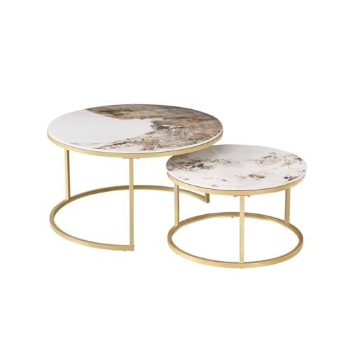 HJhomeheart 2er-Set Marmor-Couchtische mit Pandora-Marmorplatte und Goldenem Metallgestell, Moderner Runder Beistelltisch fürs Wohnzimmer – 70 x 70 x 45 cm