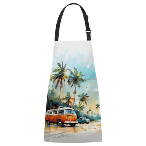 Aglebo Watercolor Car Coconut Tree Chef Apron with Pockets Adjustable Shoulder Strap Waterproof Cooking Apron for Kitchen Baking Gardening Pottery Painting