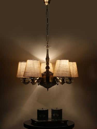 Image of Devansh 05 Lights White Jute conical Shade with Antique Golden Chandelier