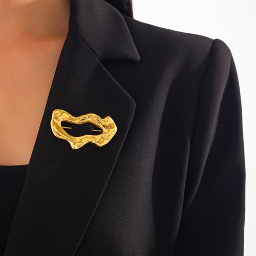 Gold Statement Simple Hollow Brooch Pin for Women, Vintage Unique Big Hammered Irregular Geometric Brooch Suit Costume Chest Accessories Jewelry Gift3