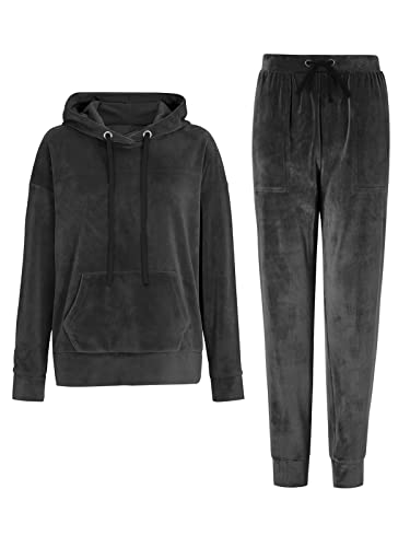 REORIA Ensemble sweat à capuche et pantalon de survêtement à manches longues et col rond pour femmes, couleur unie, noir, taille M Cover