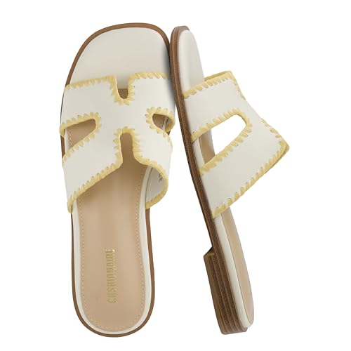 Image of CUSHIONAIRE Voyage Cutout Strap Slides for Women, Slip On Summer Flats, Trendy Footwear, Memory Foam Vegan Leather Comfortable Vacation Style Sandals