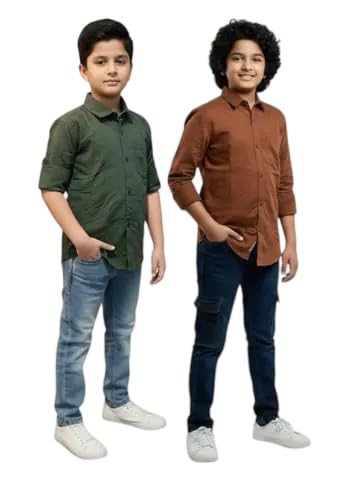 Boys Casual Combo Solid Cotton Shirt with Buttoned Cuffs_GreenBrown_41-picture-17