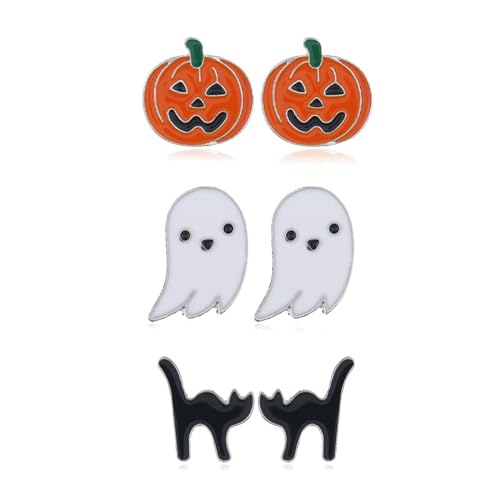 coadipress 3 Pairs Halloween Stud Earrings Set for Women Cute 925 Sterling Silver Spooky Halloween Ghost Black Cat Jack Pumpkin Holiday Earrings Jewelry Gifts