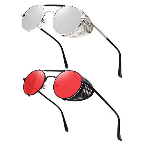 RONSOU Steampunk Style Round Vintage Polarized Sunglasses Retro Eyewear UV400 Protection Matel Frame A9 2pcs Silver Frame Silver Lens + Black Frame Red Lens(both Non Polarized) 51 Millimeter