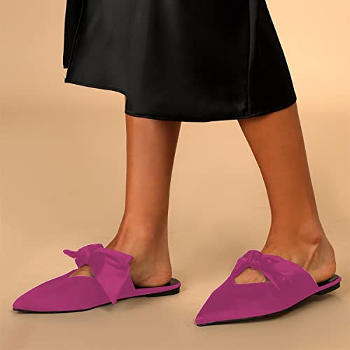 Xyd Women's Flats Mules Pointy Toe Dressy Satin Bows Slip On Single Strap Wedding Party Holidays Sandal Shoes Size 12 Magenta #TOP3