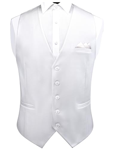 GUSLESON Mens White Vests Solid Suit Vest for Men Waistcoat and Pocket Square Set Vest Suit Tuxedo Set Wedding Party (0820-08-M)