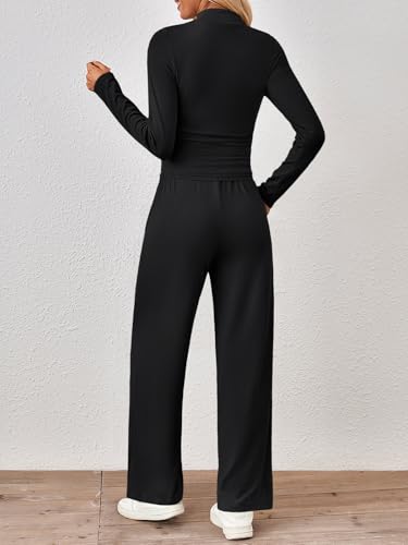 Trendy Queen Womens 2 Piece Matching Lounge Set Mock Turtleneck Top Wide Leg Pants Casual Sweatsuit with Pockets