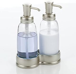 mDesign Double Hand Soap Dispenser  Double Refillable Soap Dispenser Unit  2-in-1 Hand Soap and Lotion Dispenser Set  Clear/Matte Silver