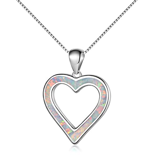 Collier femme opale bleu blanc et grand coeur pendentif mode vintage couleur argent