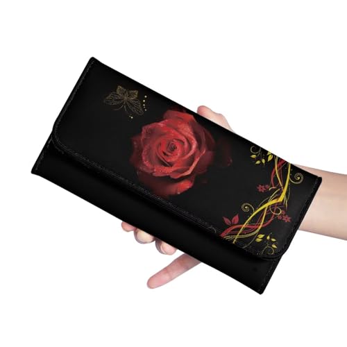 Image of AFPANQZ Women's Wallets RFID Blocking Large Capacity PU Leather Clutch Wallet Red Rose Print Card Holder Organizer Phone Credit Card Storage Bag Buckle Closure Long Clutch Long Wallet