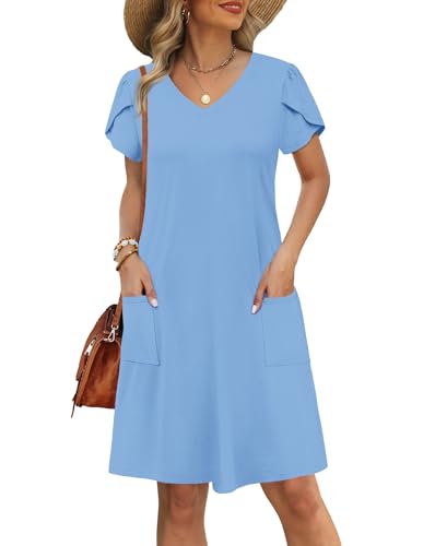 Image of OFEEFAN Womens Summer Dresses 2026 Tulip Petal Short Sleeve V Neck Loose Swing Sundresses with Pockets Plain /Print