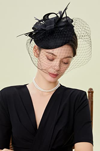 BABEYOND Fascinators Hat Veil Feather Hair Clip Tea Party Kentucky Pillbox Derby Bridal for Wedding
