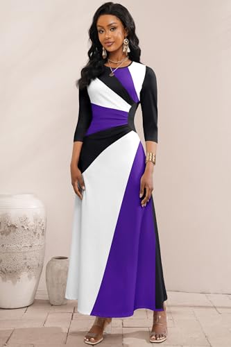Image of Runwind Maxi Dress for Women with Ruched Waist - Semi-Formal 3 /4 Sleeve Crew Neck Long Dresses for Wedding Guest & Church