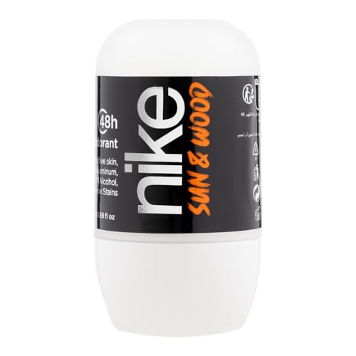 NIKE - Sun & Wood 50 ml, Desodorante Hombre Roll-On, Desodorante Antimanchas para Piel Sensible, 0% Alcohol y 0% Sales de Aluminio, de Larga Duración, Fragancia Amaderada Frutal Ambarada