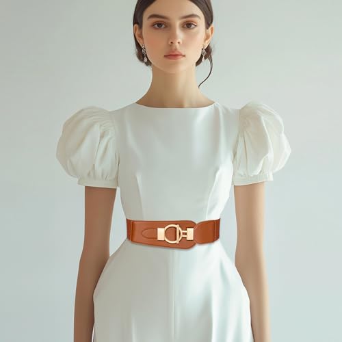 Stretch Waist Belt for Women Fashion, Gold Buckle Wide Belts for Women Dresses4