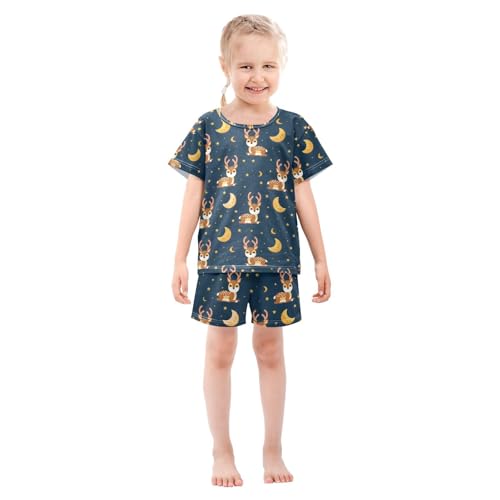 ALAZA Deer Moon Star Blue Pajamas Set Short Sleeve Cotton Sleepwear Summer Pjs 2 Piece 5-14Y3