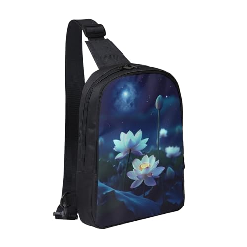 Night Lotus Flowers Printed Chest Bag Dual Pocket Diagonally Chest Messenger Bag