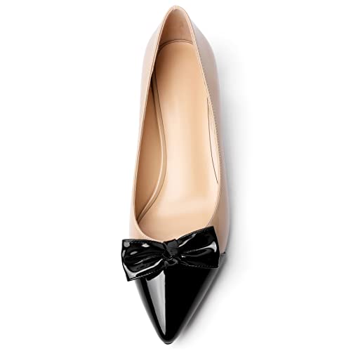 Soireelady Kitten Heels for Women Pointed Toe Low Heel Pumps Slip on Bow Heels 1.5 Inches Two Toned Evening Bride Wedding Party Dress Shoes3