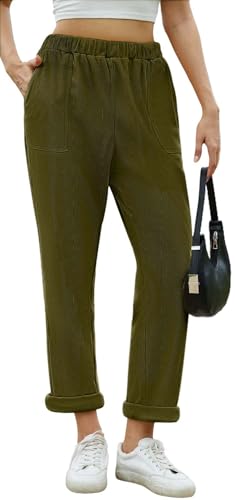 Yutdeng Pantalón de Pana Mujer Pantalones Largos Elegante con Bolsillos Cintura Alta Elasticos Casual 7/8 Pantalones Pana Mujer Suelto Pierna Rectos Pantalón Ancho Invierno Otoño,Verde,XXL