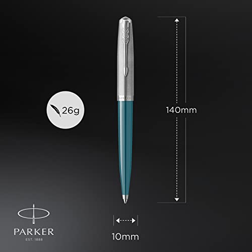 Image of Parker 51 Ballpoint Pen | Teal Blue Barrel with Chrome Trim | Medium Point with Black Ink Refill | Gift Box
