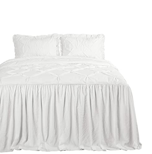 Chezmoi Collection Aria 3-Piece Pinch Pleat Pintuck Ruffle Skirt Bedspread Set - French Country Chic Farmhouse - King, Ivory #TOP6