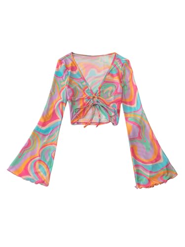 WDIRARA Girl's Rainbow Wave Print Fitted Shirt Bell Long Sleeve Tees Cutout Tie Front Crop Top