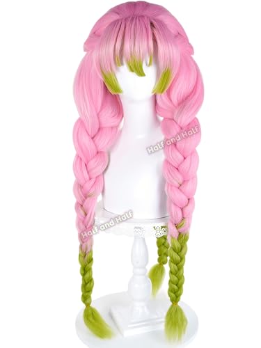 Mitsuri Cosplay Wig Pink and Green Braided Anime Wig with Bangs Kanroji Costume Wigs 35.4 Pink Acrylic Fiber Hair Wigs for Women Halloween Party