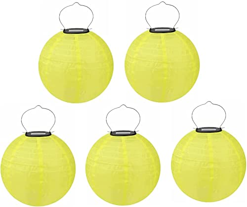 Lot de 5 lampions solaires LED d'extérieur - Étanche - Rond - En forme de boule - Pour décoration de mariage, église, jardin, fête - Jaune - 30 cm