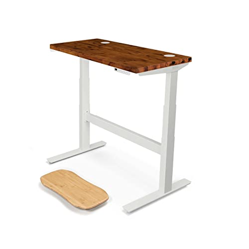 Image of UPLIFT DESK Reclaimed Birch Butcher Block (48 x 24 inch) Standing Desk 2-Leg V2-Commercial Adjustable Stand Up C-Frame (White), Advanced Keypad, Wire Grommets, Wire Tray, Rocker Board