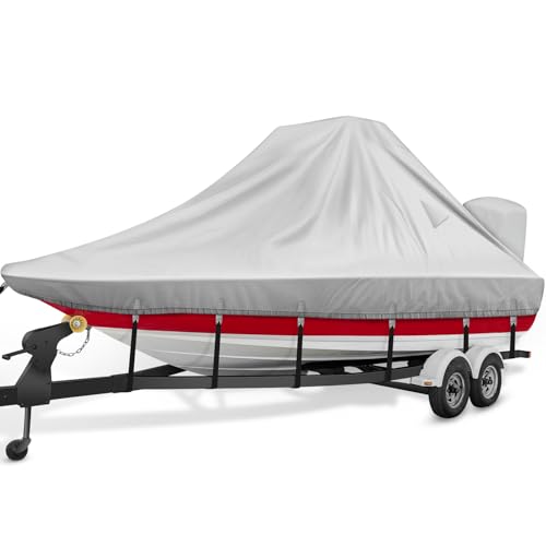 1200D Wake Tower Boat Cover,Heavy Duty Waterproof Wakeboard Boat Cover with Adjustable Metal Buckle,Fits 25ft - 27ft V-Hull Boats with Ski/Wakeboard Tower,Light Gray