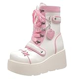 Edelaura Bottes Femmes avec Plateforme Punk Gothiques Mi hautes avec Talon Compensé Bottes à Lacets Mignones Style Harajuku avec Fermeture Éclair en Cuir PU de Moto D'Hiver à Bout Rond pour Loisirs