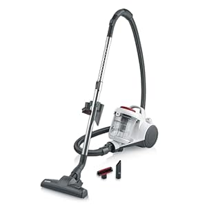 SEVERIN Beutelloser Zyklon-Staubsauger, Bodenstaubsauger für Allergiker, Staubsauger ohne Beutel mit Premium-Eco-Boden- und Parkettdüse, 2 L, weiß-silber-rot, CY 7106