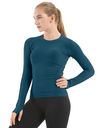 MathCat Seamless Workout Shirts for Women Long Sleeve Yoga Tops Sports Running Shirt Breathable Athletic Top Slim Fit(X-Small,Caribbean Blue)
