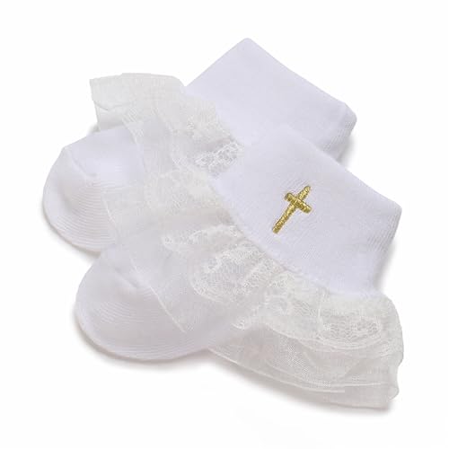 Yeshore Baptism Socks for Baby Girls,White Cotton Christening Socks with Cross & Lace Ruffle Trim for Newborn & Infants (B-white, 0-12 Months)