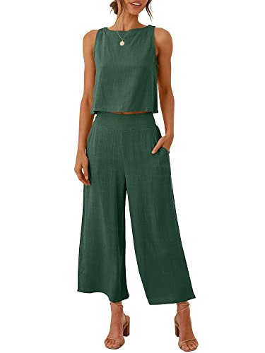 Image of ANRABESS Women's Summer 2 Piece Outfits Sleeveless Tank Crop Button Back Top Cropped Wide Leg Pants Set Pockets
