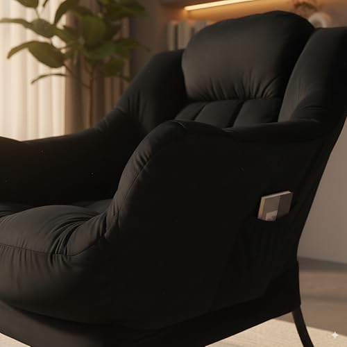 Image of LITA Lazy Chair with Ottoman, Modern Accent Leisure Upholstered Sofa Chair, Contemporary Lounge Reading Chairs with Armrests and a Side Pocket for Living Room, Bedroom & Small Space, Black