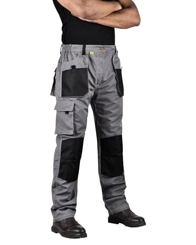 Pantalón de Trabajo para Hombre - Pantalon Cargo para trabajar - Multibolsillos - Bolsillos de las Rodilleras (FR/ES, Medida de la cintura & Longitud de la pernera, 28, 30, 2XL(56-58), FULL GRIS)