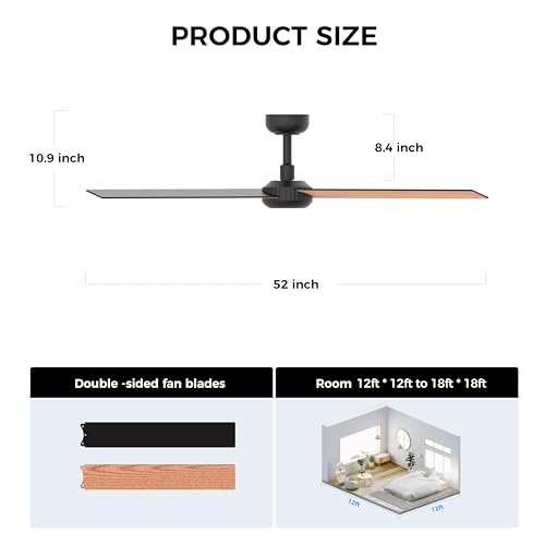 Image of TALOYA 52 inch Ceiling Fan,Black Finish,6-Speed,Dimmable,Noiseless,Reversible DC Motor,3 blades