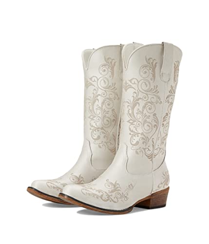 ROPER Womens Tall Stuff Embroidery Snip Toe Casual Boots Mid Calf Low Heel 1-2' - Off White - Size 8 B